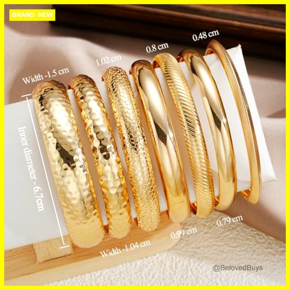 7Pcs 14K Gold Plated Stackable Bangle Bracelets Set, Boho Chunky Textured - Picture 5 of 7